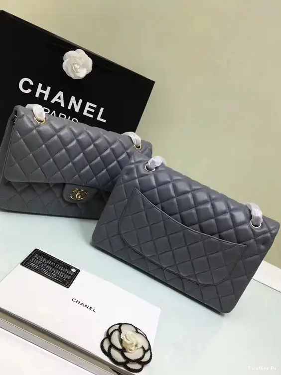 Firstbag Ru Bag Gold Leather Size 30cm Grey Silver With Lambskin 1112 Hardware Large CHANEL Flap 0511